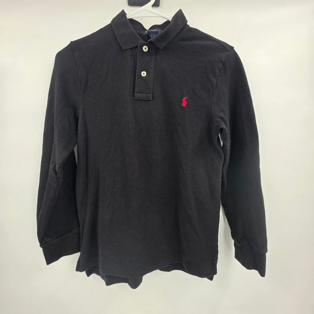 POLO RALPH LAUREN LONG SLEEVE POLO YOUTH MEDIUM 10 TO 12 BLACK RED PONY KIDS EUC
